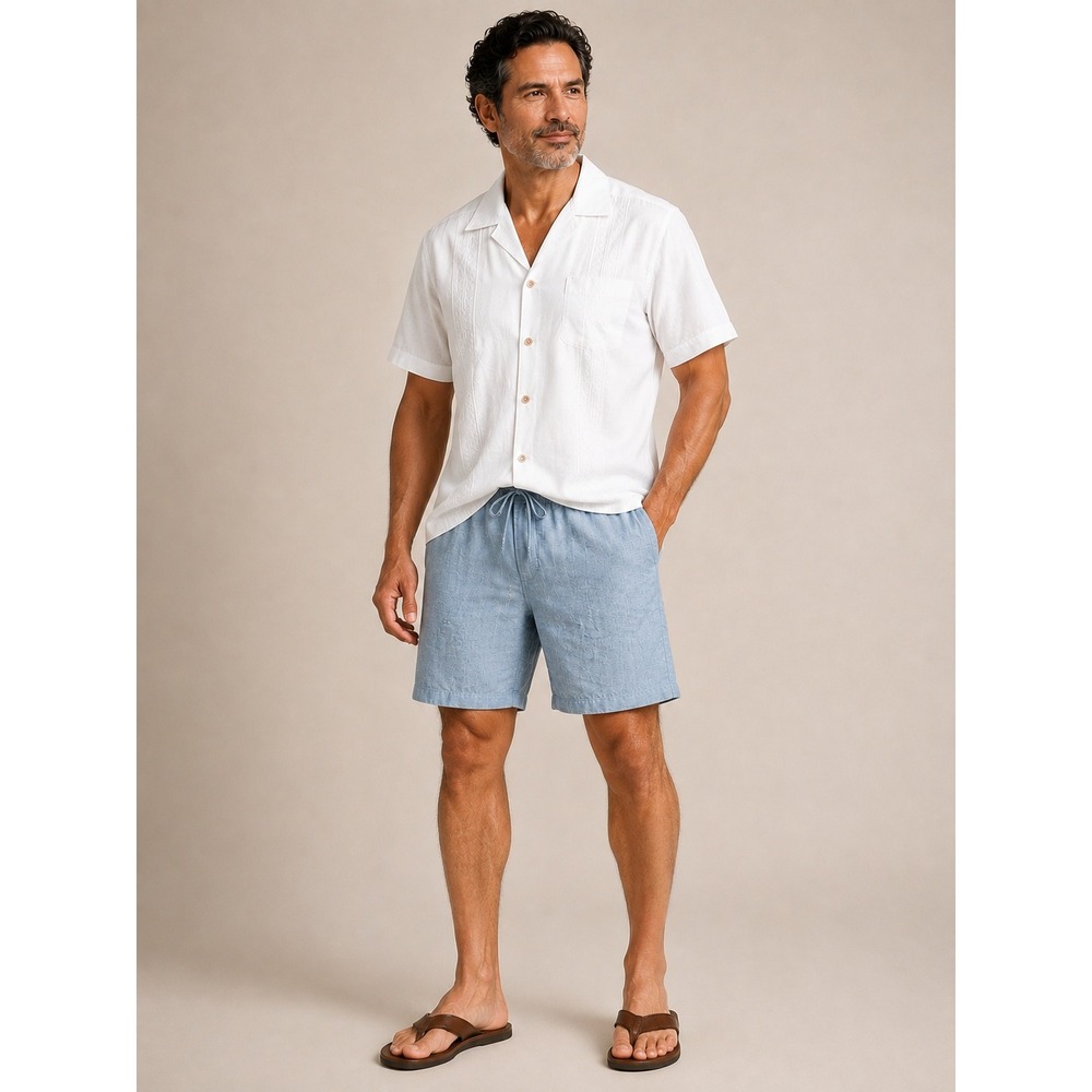 Cubavera Mens Blue Linen Cotton Blend Elastic Waist Drawstring Shorts Size M